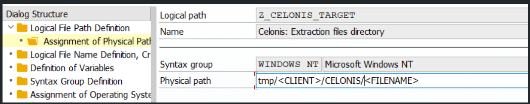 Screen for configuring the Z_CELONIS_TARGET physical path in SAP. The screenshot depicts examples used previously in the text.