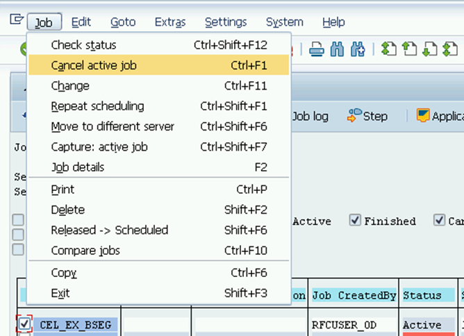 Job menu in SAP System with the Cancel active job option selected.