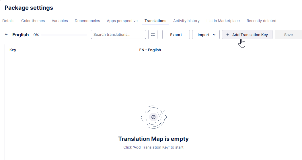 The Package settings screen with an empty translation map and the Add translation key button displayed