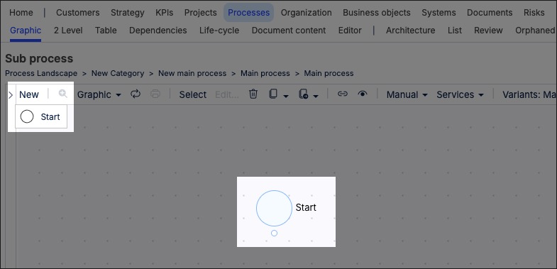 A screenshot showing how to add a start event to your process.