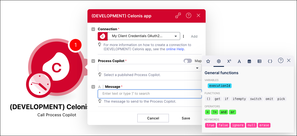 Screenshot showing the variables available when creating a message to send to a Process Copilot from an Action Flow module.