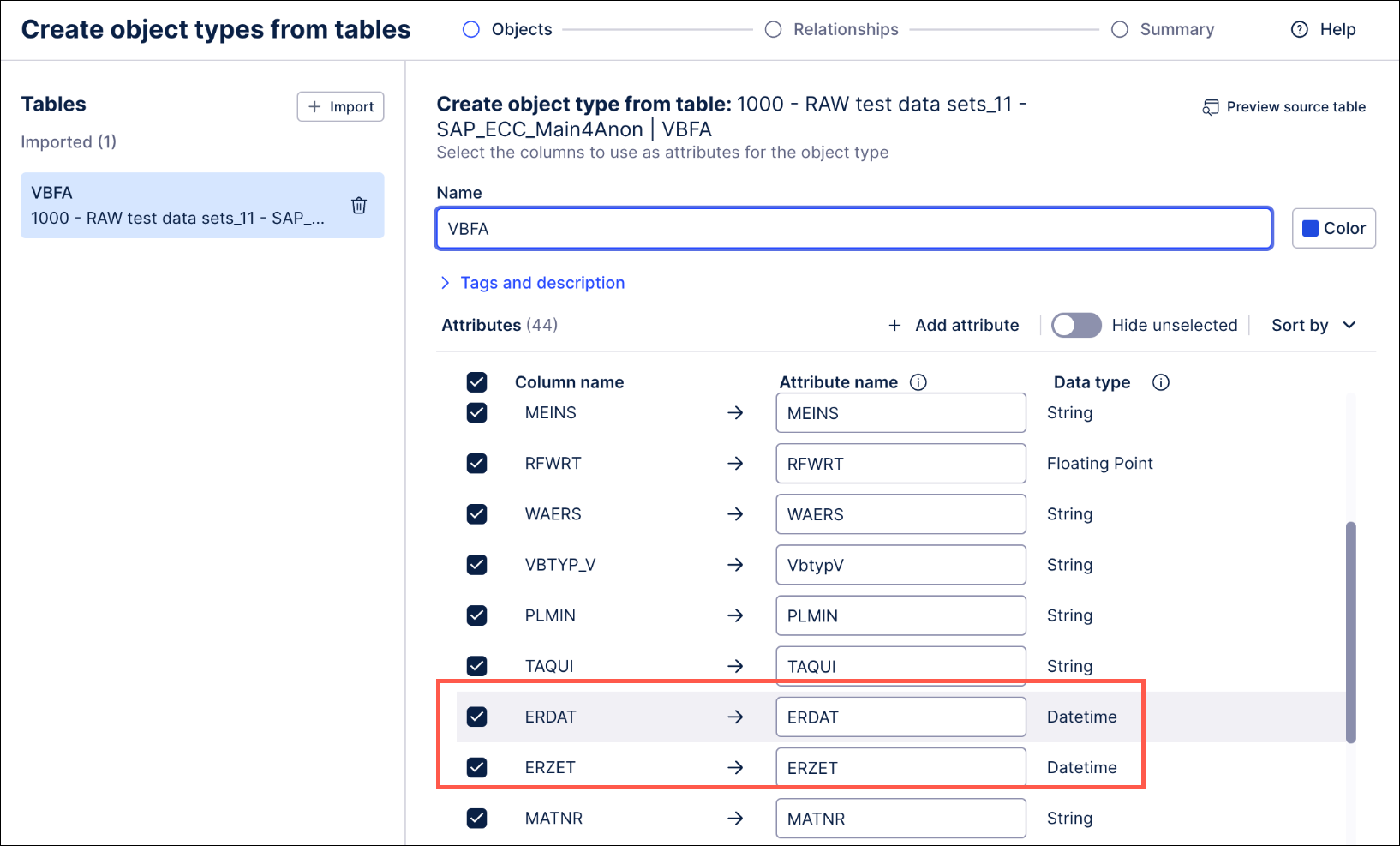 Screenshot of an import from table with the DATE attributes selected.