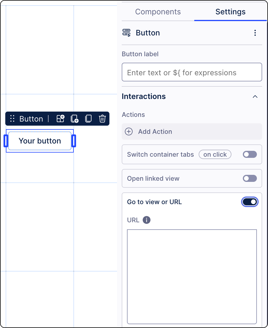 Celonis Studio View editor showing a selected Button component on the canvas with its Settings panel open, displaying Interactions options where "Go to view or URL" is toggled on and a URL field is available for configuration.