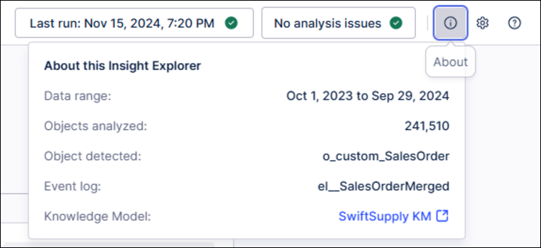 Screenshot showing the properties for the current Insight Explorer, such as the date range, number of objects analyzed, and the event log used.