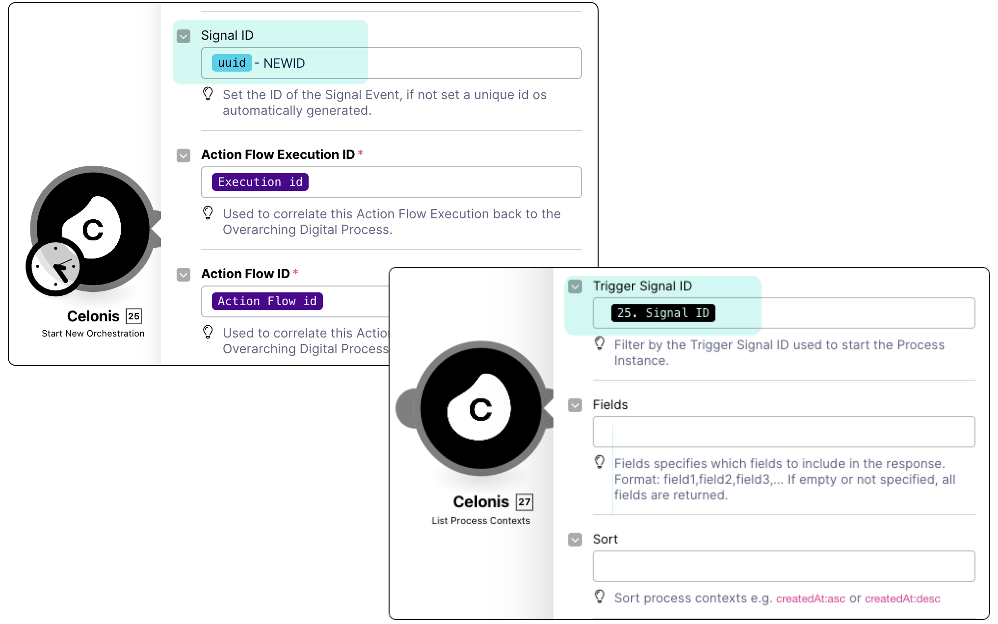 Screenshot shows on one side the Start New Orchestration module settings with the custom Signal ID defined and then on the the right hand side, the List Process Context module settings with the same Signal ID referenced as a trigger.