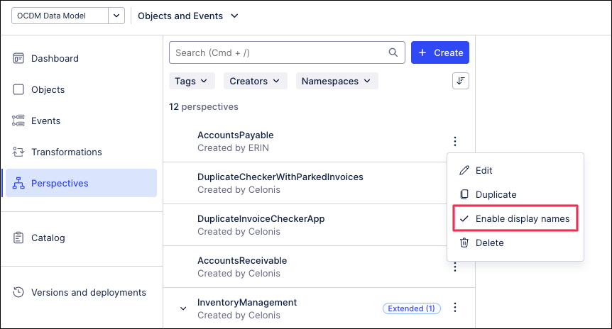 Screenshot showing how to enable display names in a perspective in order to assign an alias.