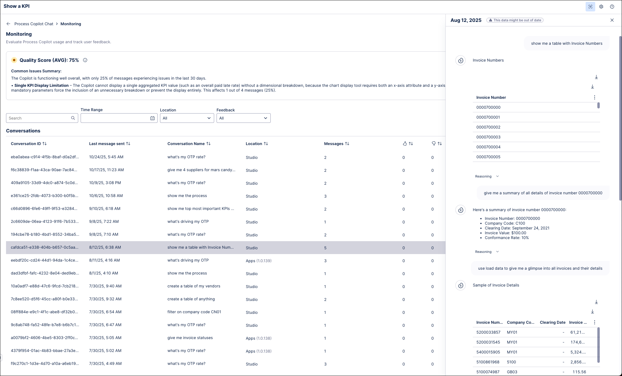 Screenshot showing a conversation transcript on the Process Copilot monitoring screen.