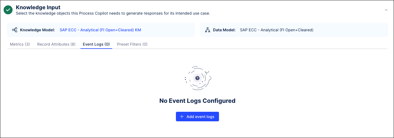 Screenshot showing the initial view of the Event Logs tab in the Knowledge Input section.