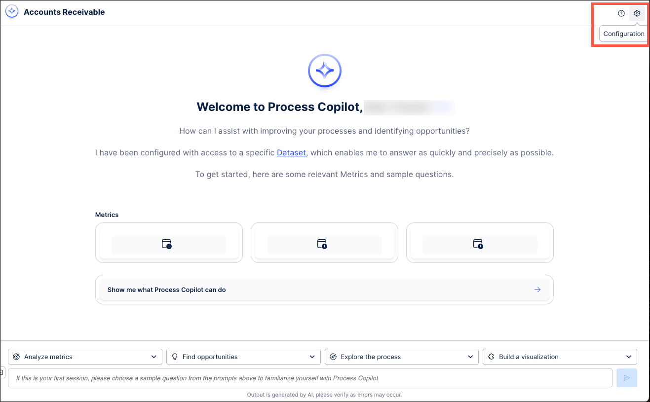 Screenshot of a Process Copilot with the settings and configuration icons highlighted.