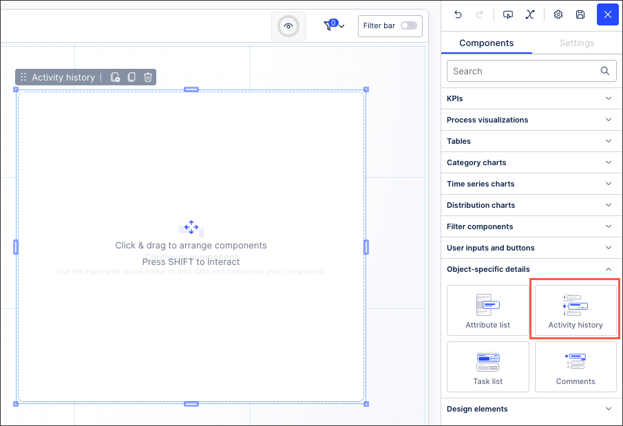 A screenshot showing how to add an activity history component to a view.