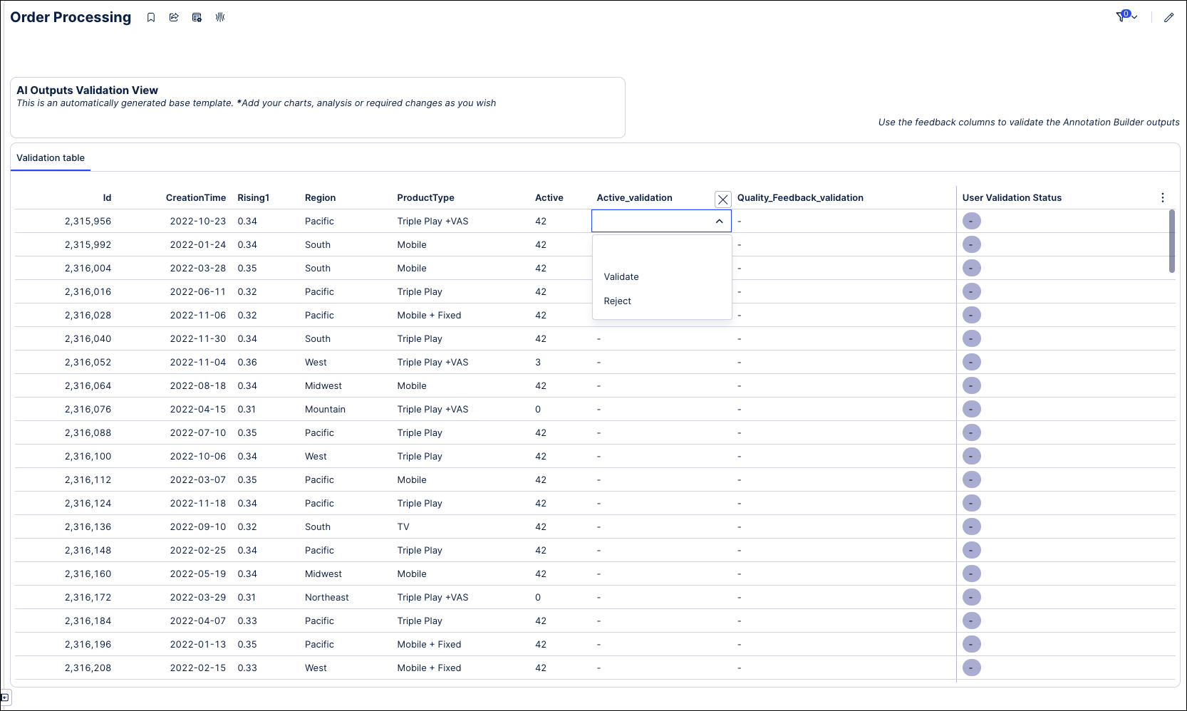 Screenshot showing how to use the editable fields in a validation table to validate results from the Annotation Builder.