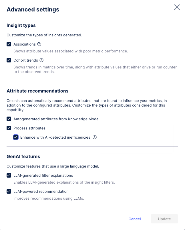 Screenshot showing an example of the Advanced settings window for Insight Explorer.