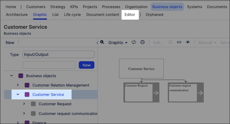 A screenshot showing how to access the editor for business objects in Process Designer.