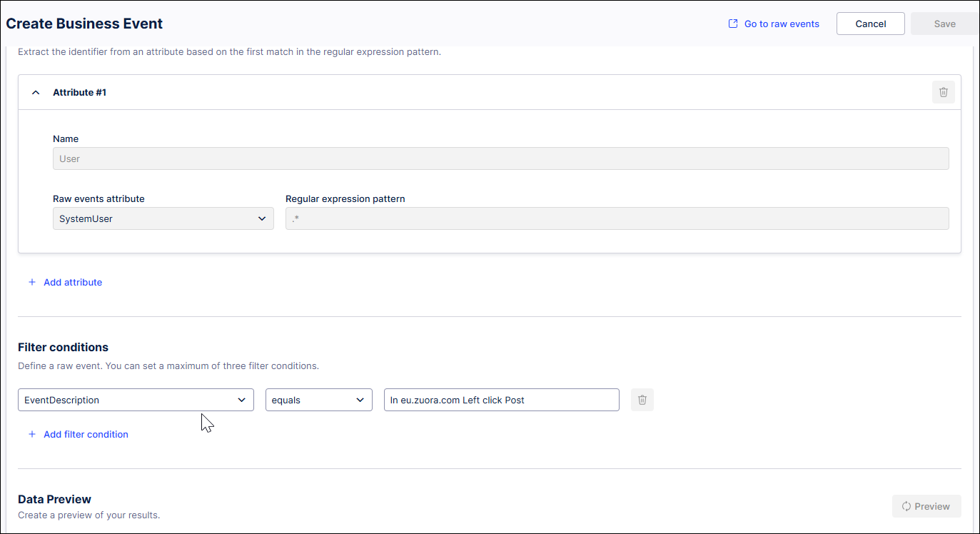 Example Create Events screen with pre-populated fields for the selected raw event