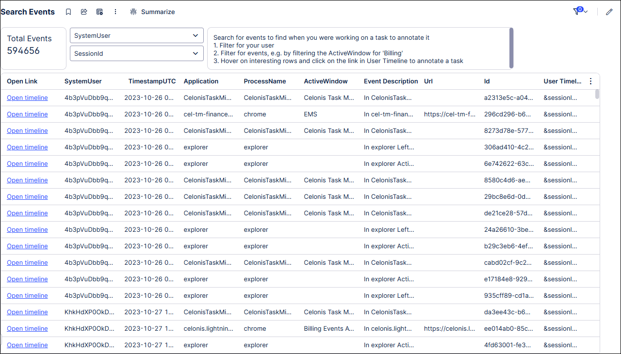 Example Search Events screen displaying raw event data