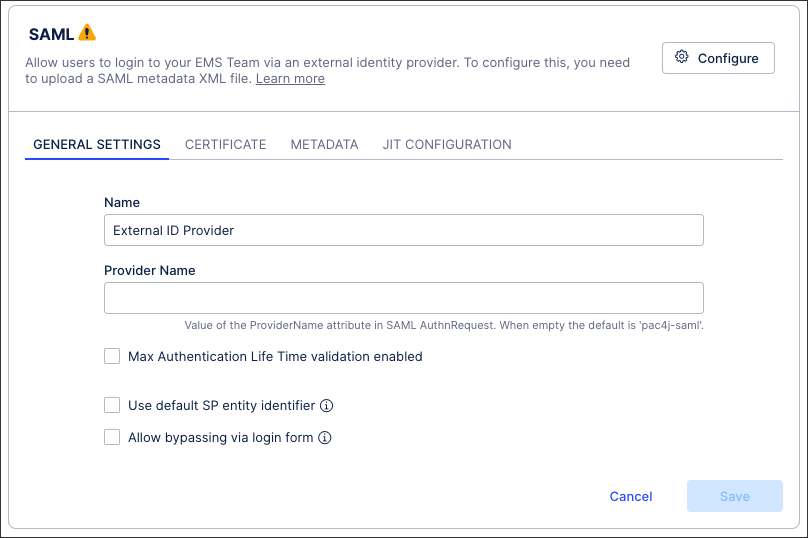 A screenshot showing the general settings area when configuring a SAML sso configuration.