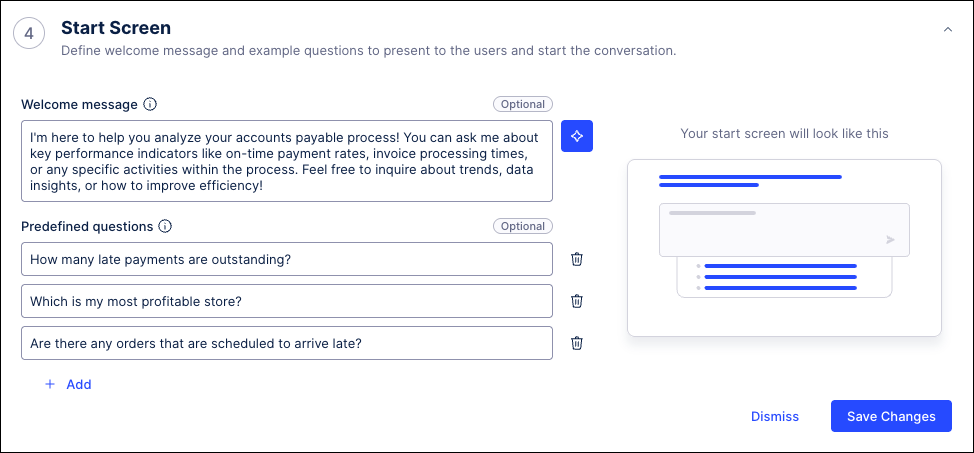 Screenshot of the Start Screen section showing the greeting and sample questions.