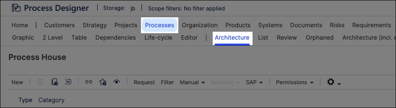 A screenshot showing how to navigate to process architecture in Process Designer.