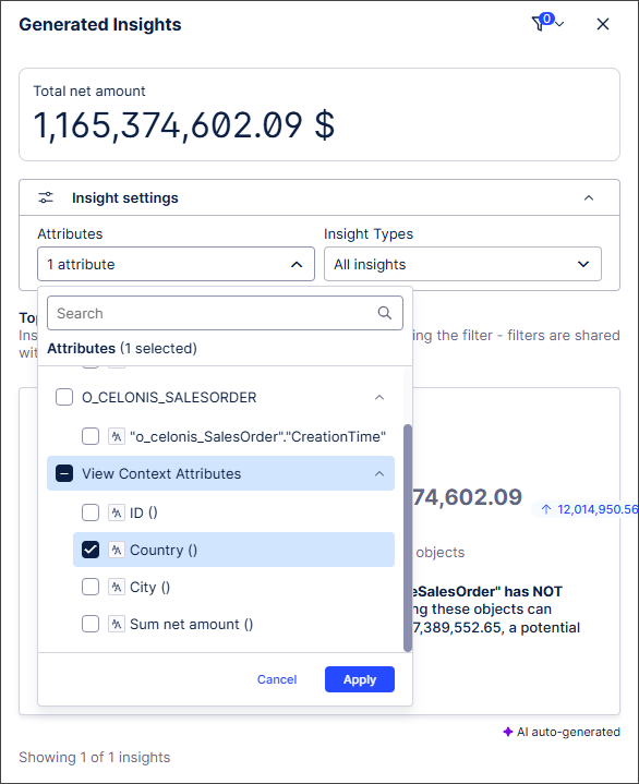 Generated Insight information with specific attributes selected.