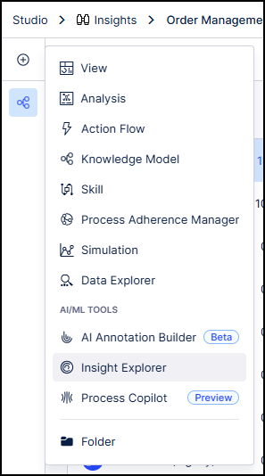 Screenshot showing the New Asset menu in Studio with Insight Explorer highlighted.