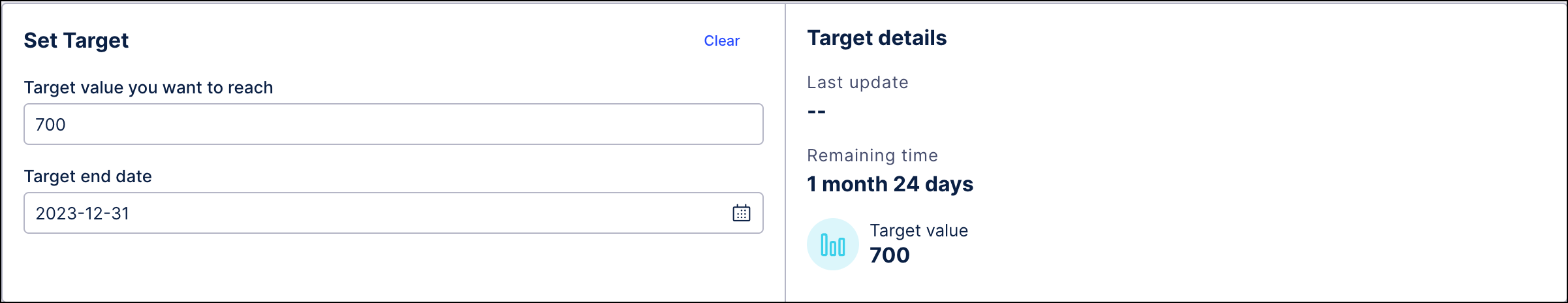 Image showing the fields available on the Set Target screen and how the values in those fields are displayed in the Target details.