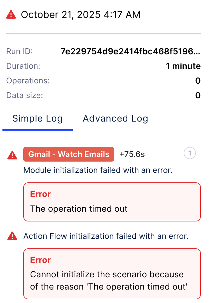 Details of an Action Flow incomplete executions.