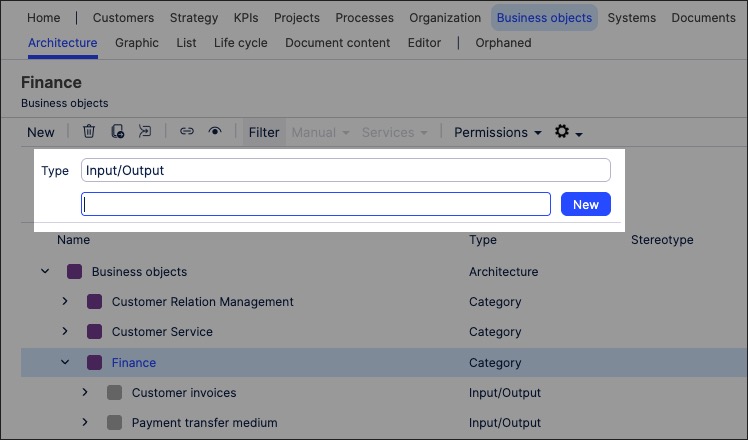 A screenshot showing an example of business objects in Process Designer.
