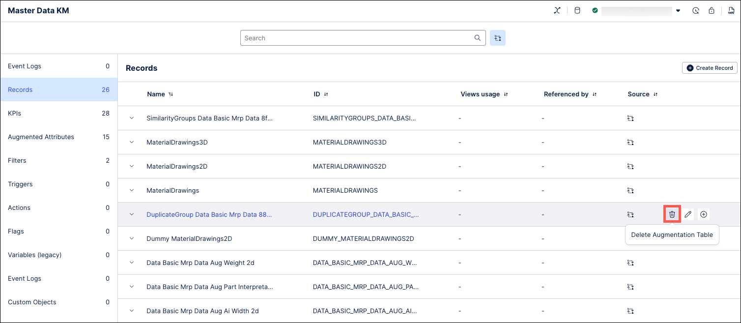 Screenshot showing the Delete Augmentation Table icon in a Knowledge Model.