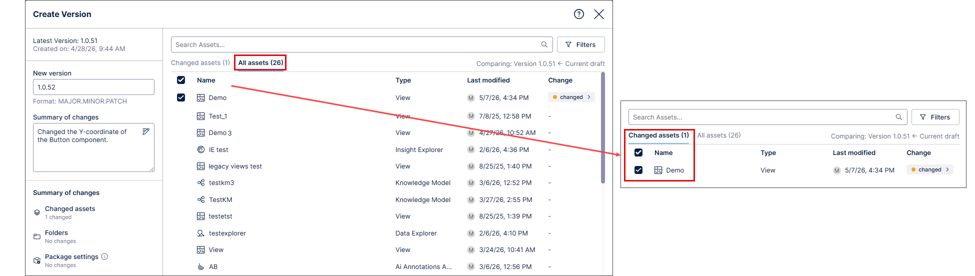 Screenshot showing the All assets and Changed assets tabs and their assets.