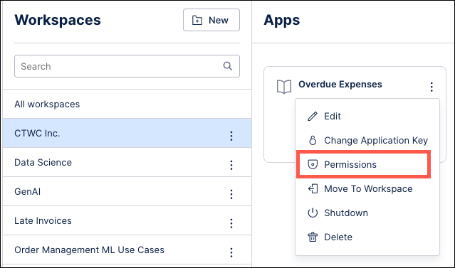 Screenshot of the menu for an App with Permissions option highlighted.