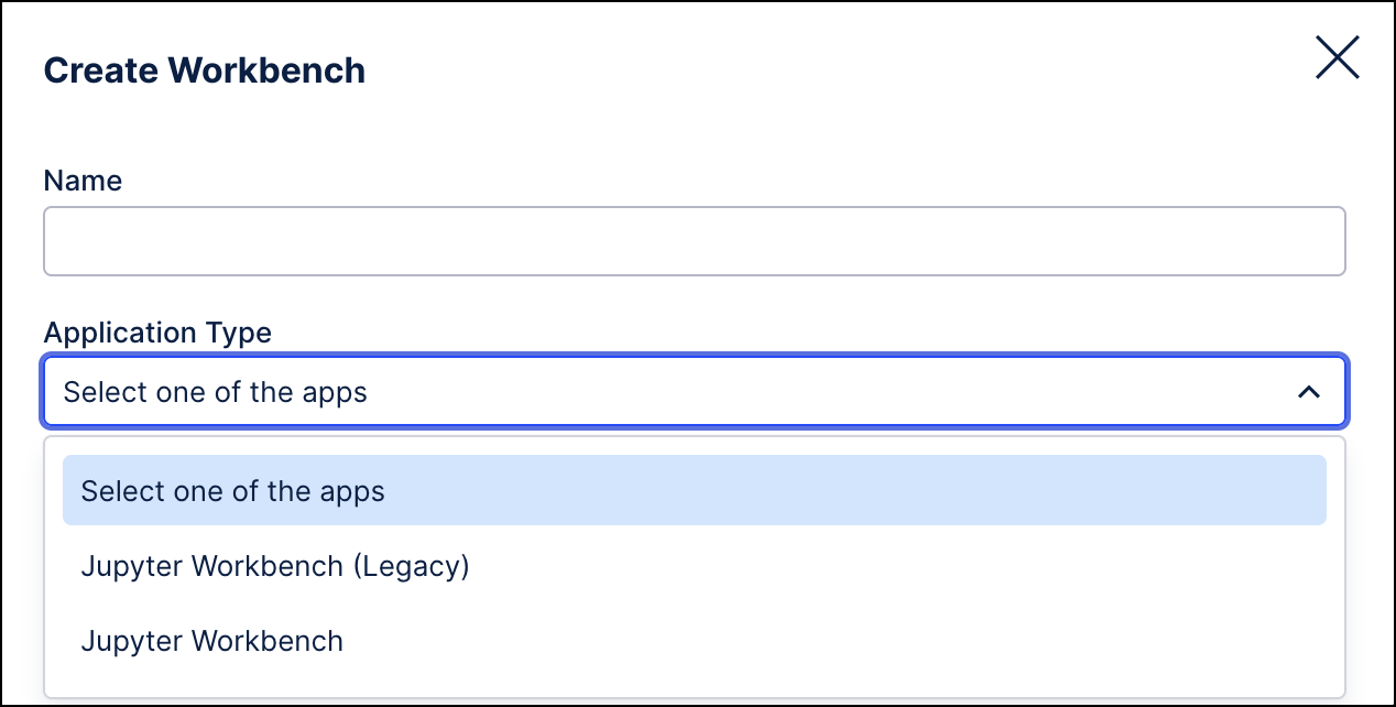 Screenshot of the Create Workbench window with the Application Type dropdown expanded.