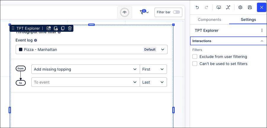 A screenshot from the Celonis Platform showing how to configure a throughput time explorer component in Studio.