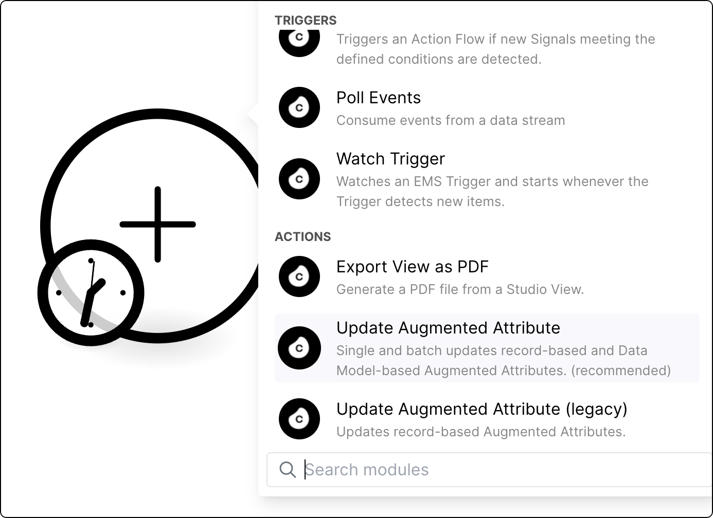 List of Celonis Action Flows with the Update Augmented Attribute module selected.