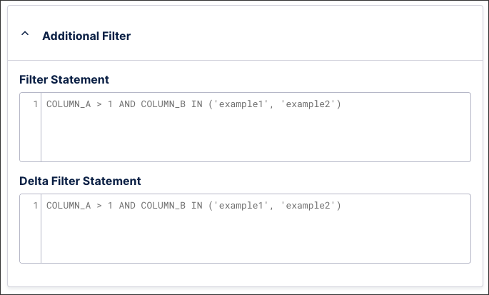 A screenshot showing how to configure a filter statement or a delta filter statement.