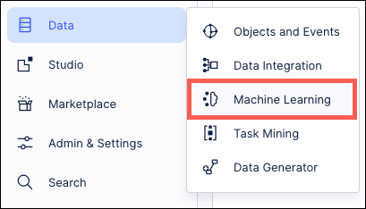 Screenshot of the Data menu in the Celonis Platform with the Machine Learning option highlighted.