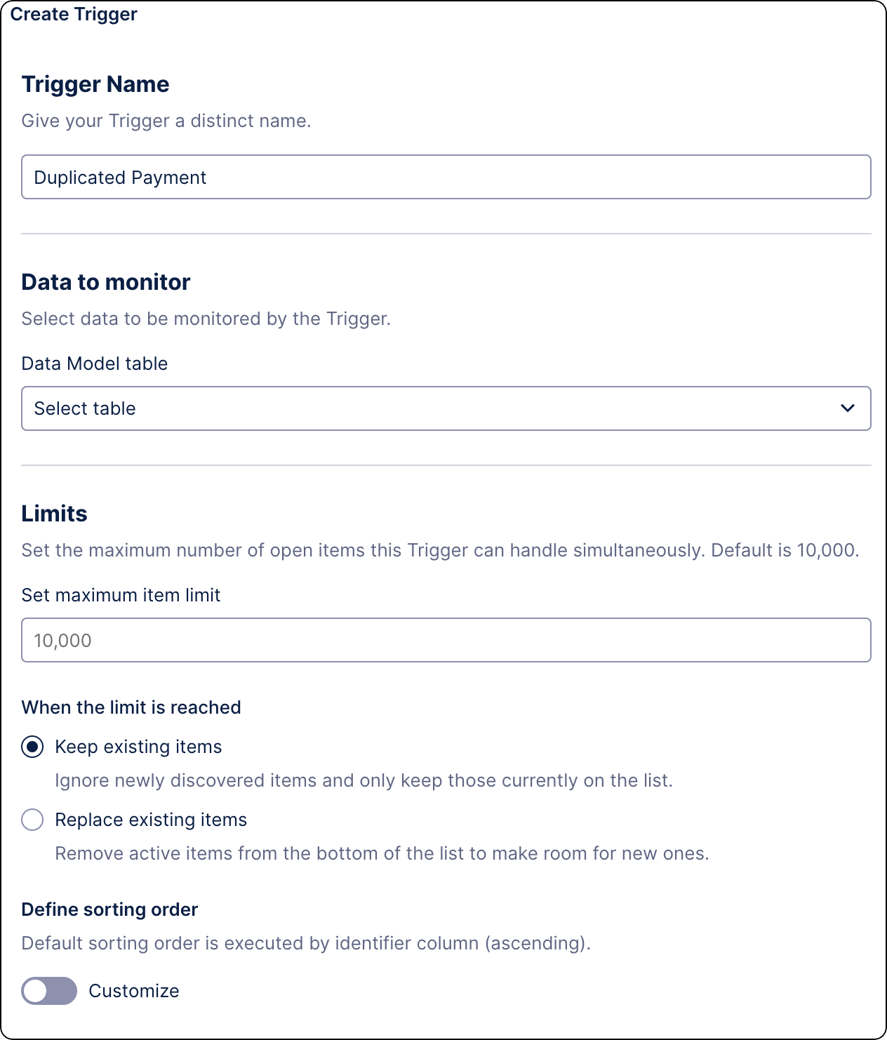 Trigger creation screen with no setting defined.