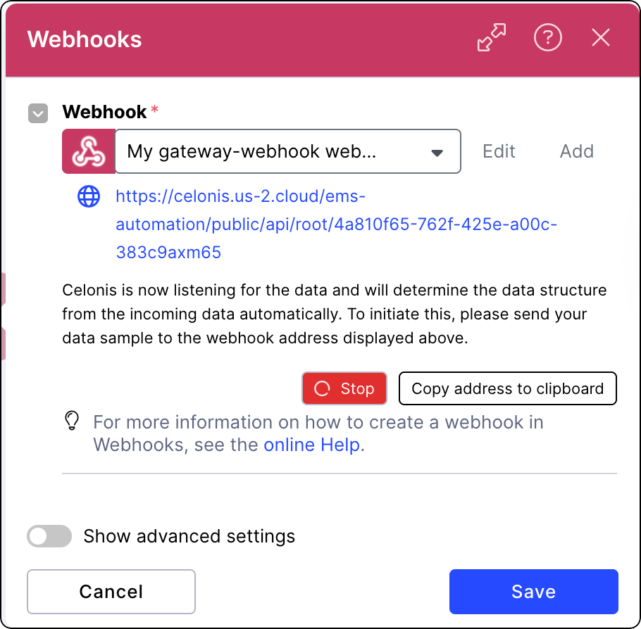 Webhooks Action Flow module with a gateway webhook selected and its endpoint URL displayed, showing the platform actively listening for incoming data with a Stop button and a "Copy address to clipboard" option available.