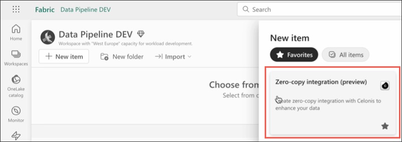 A screenshot showing how to create an item in Microsoft Fabric.