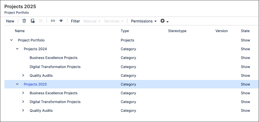 A screenshot showing how to create and manage projects in Process Designer.