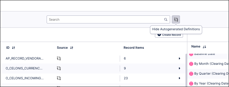 The Hide Autogenerated Definitions icon is right after the search bar in the Knowledge Model navigation bar.
