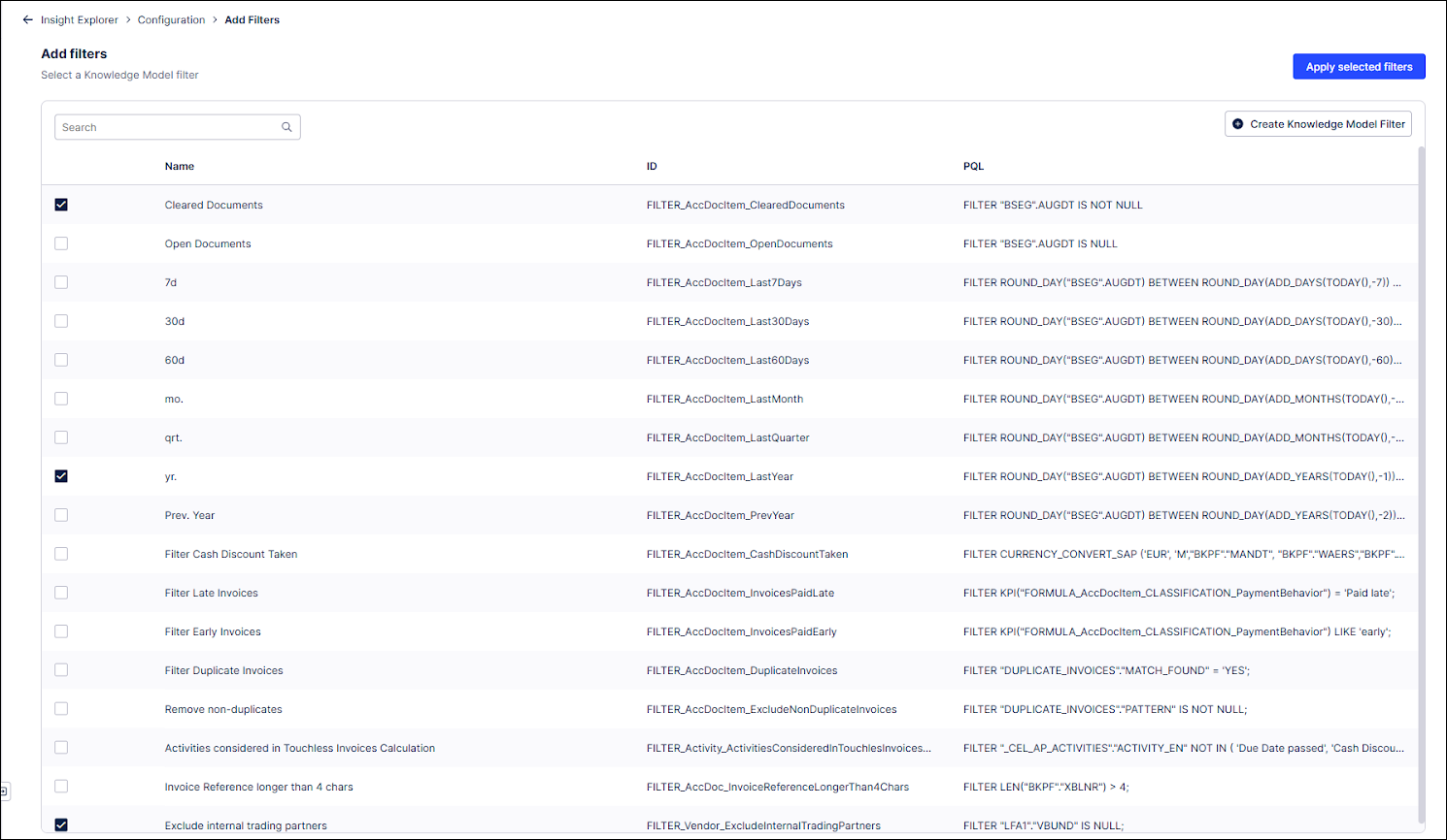 Screenshot of the Add filters screen with the available filters saved to the Knowledge Model.