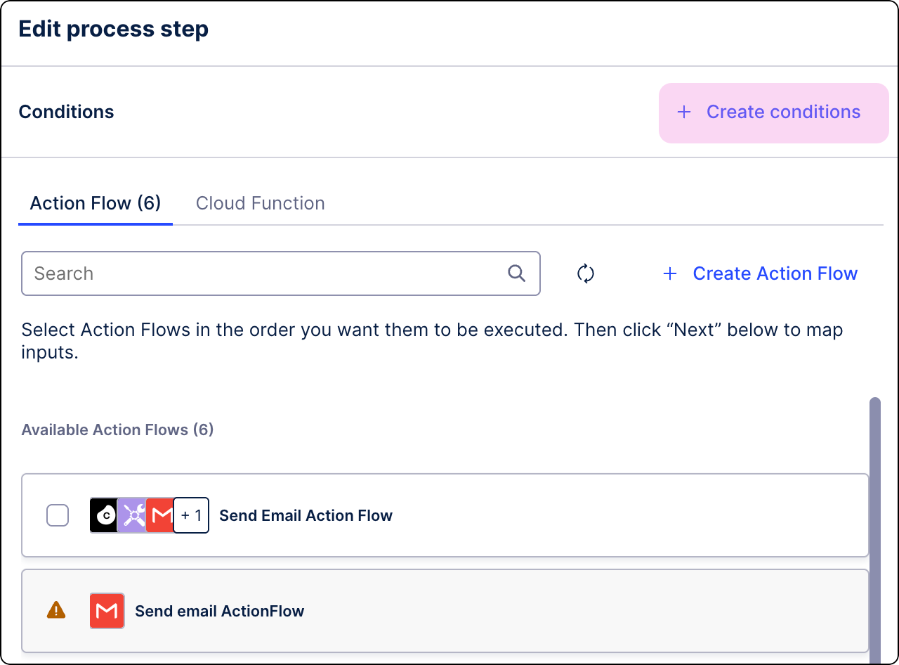 "Edit process step" interface showing a list of available Action Flows with the "Create conditions" button highlighted.
