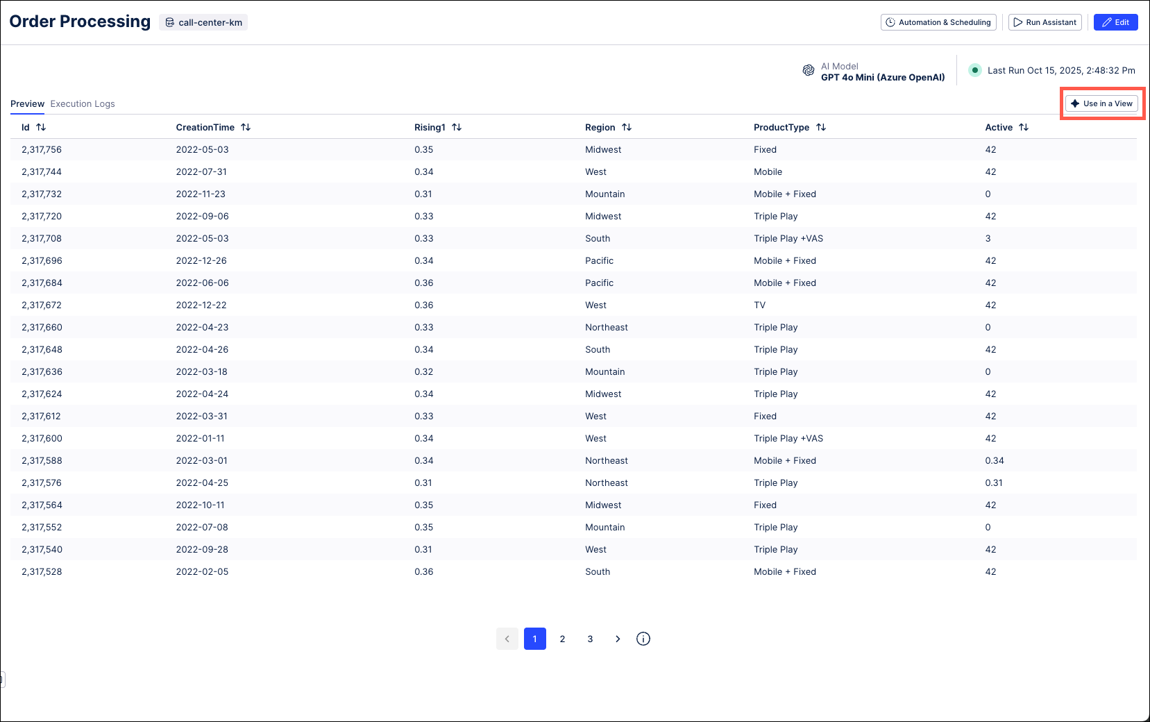 Screenshot of an Annotation Builder result with the Use in a View button highlighted above the table.