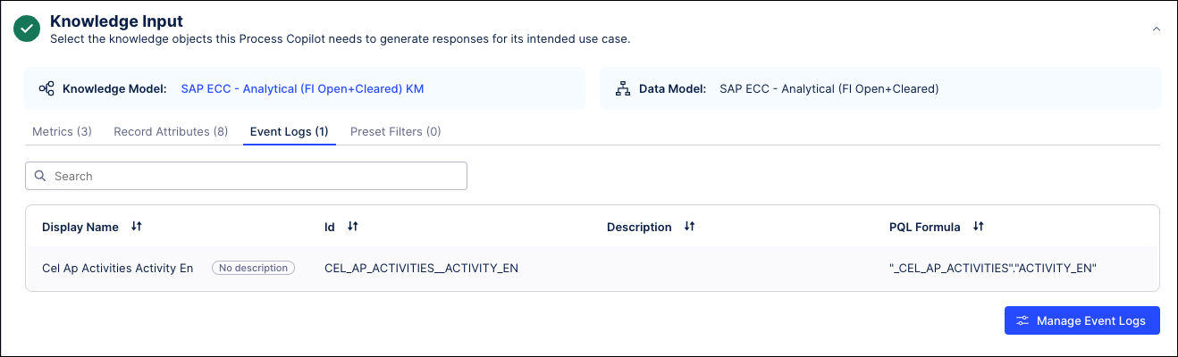 Screenshot showing the Manage Metrics button on the Event Logs tab.