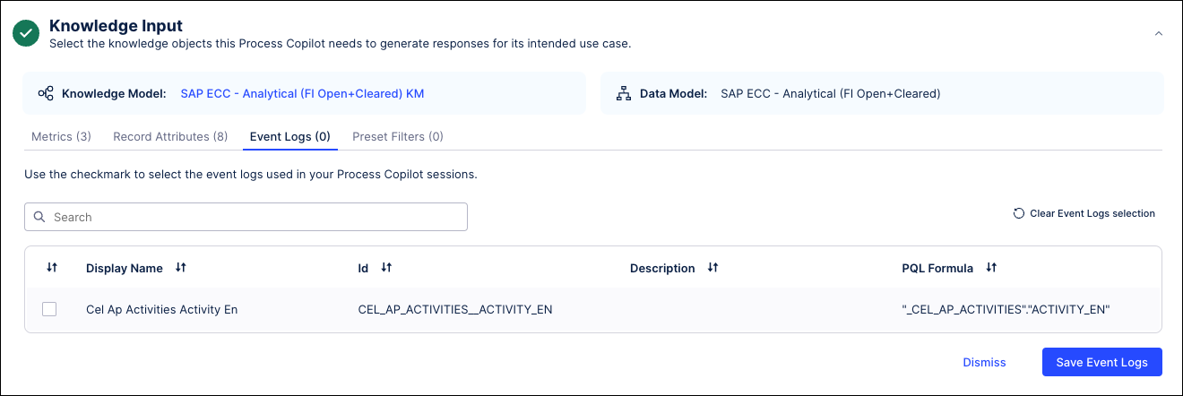 Screenshot showing an event log added to the Knowledge Input section of the Process Copilot configuration.