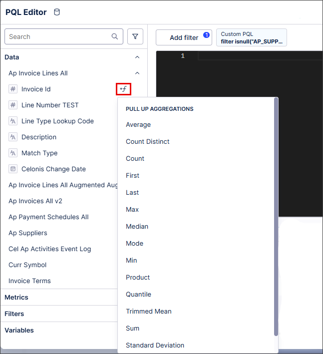 Screenshot displaying the aggregation functions available for a specific data attribute.