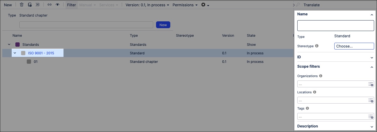 A screenshot showing how to create standards objects in process designer.