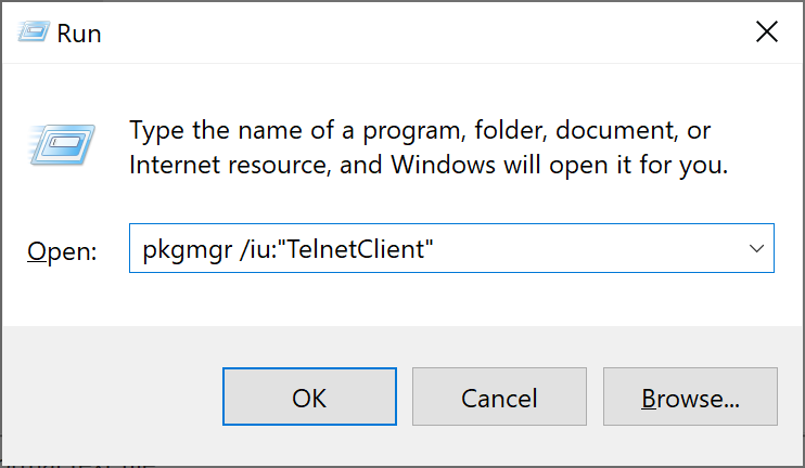 The Run dialog box in Windows containing the command to enable the Telnet Client.
