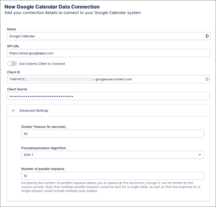 A screenshot showing the google calendar data connection configuration.