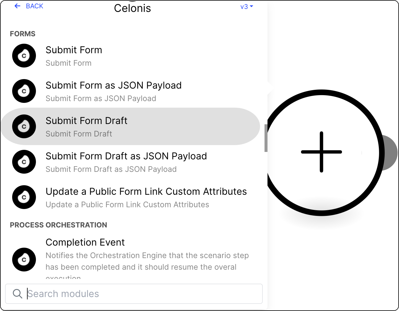 List of Celonis Action Flow modules with the Submit Form Draft selected.
